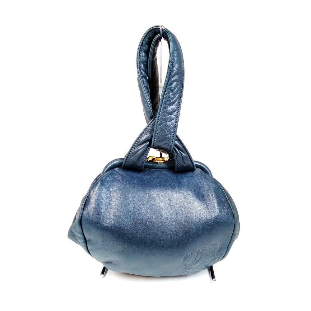 Auth Loewe Navy Blue Nappa Anagram Clasp Frame Clutch Wristlet Party Bag RARE
